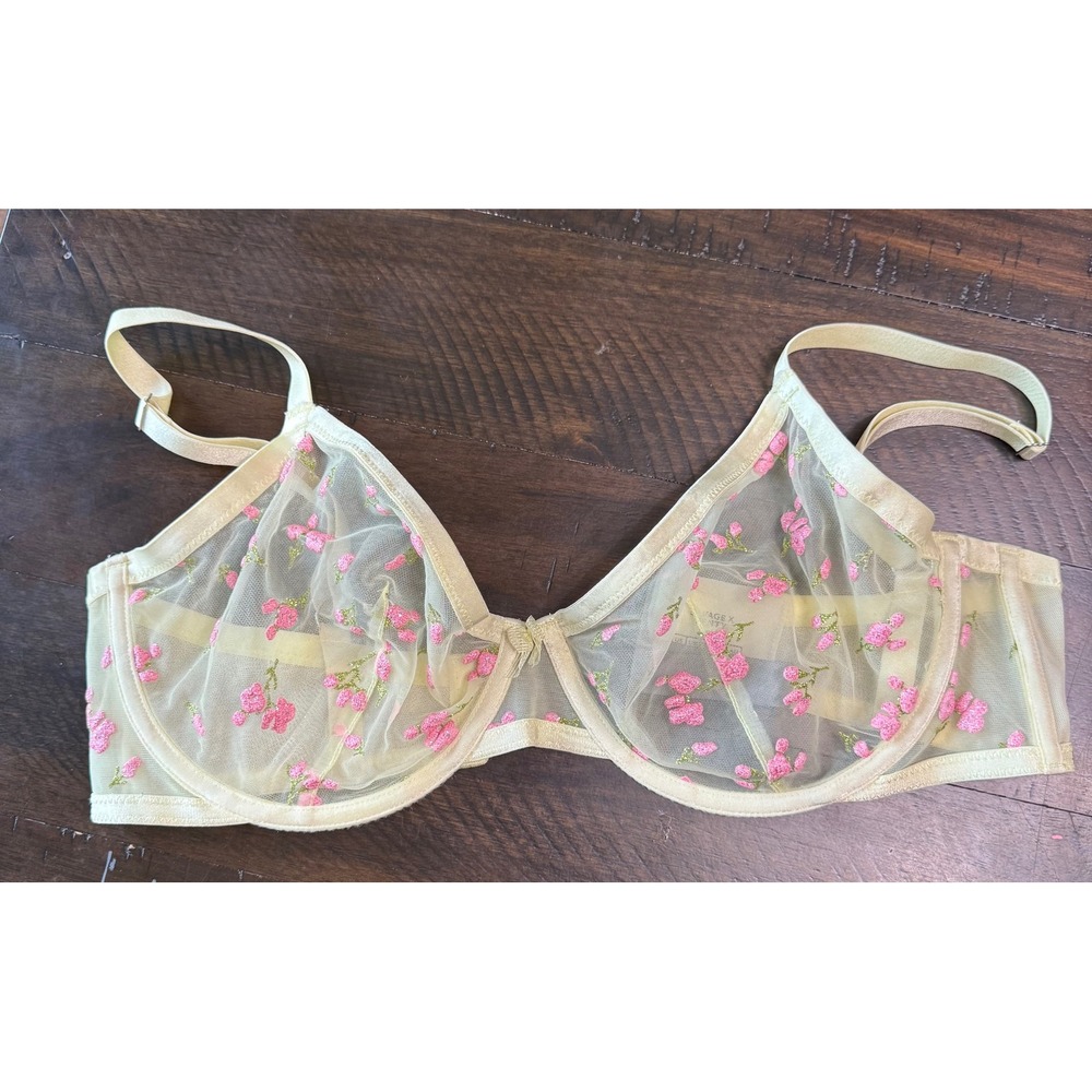 Savage X Fenty Puff Flowers Unlined Demi Mint Yellow Bra Women US 36DDD Floral